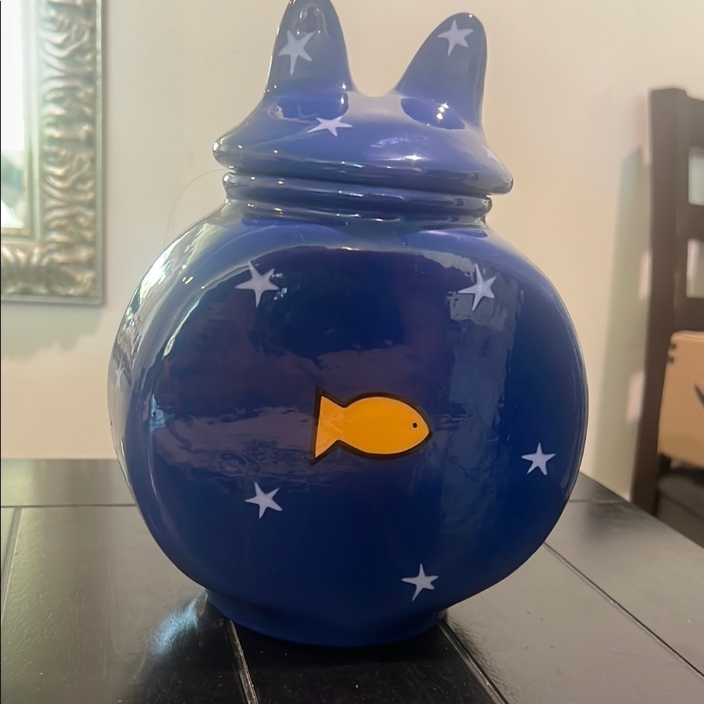 Alison Palmer Pottery Ceramic Grinning Cat Head With Fish Eyes Cookie Jar - Picture 5 of 8